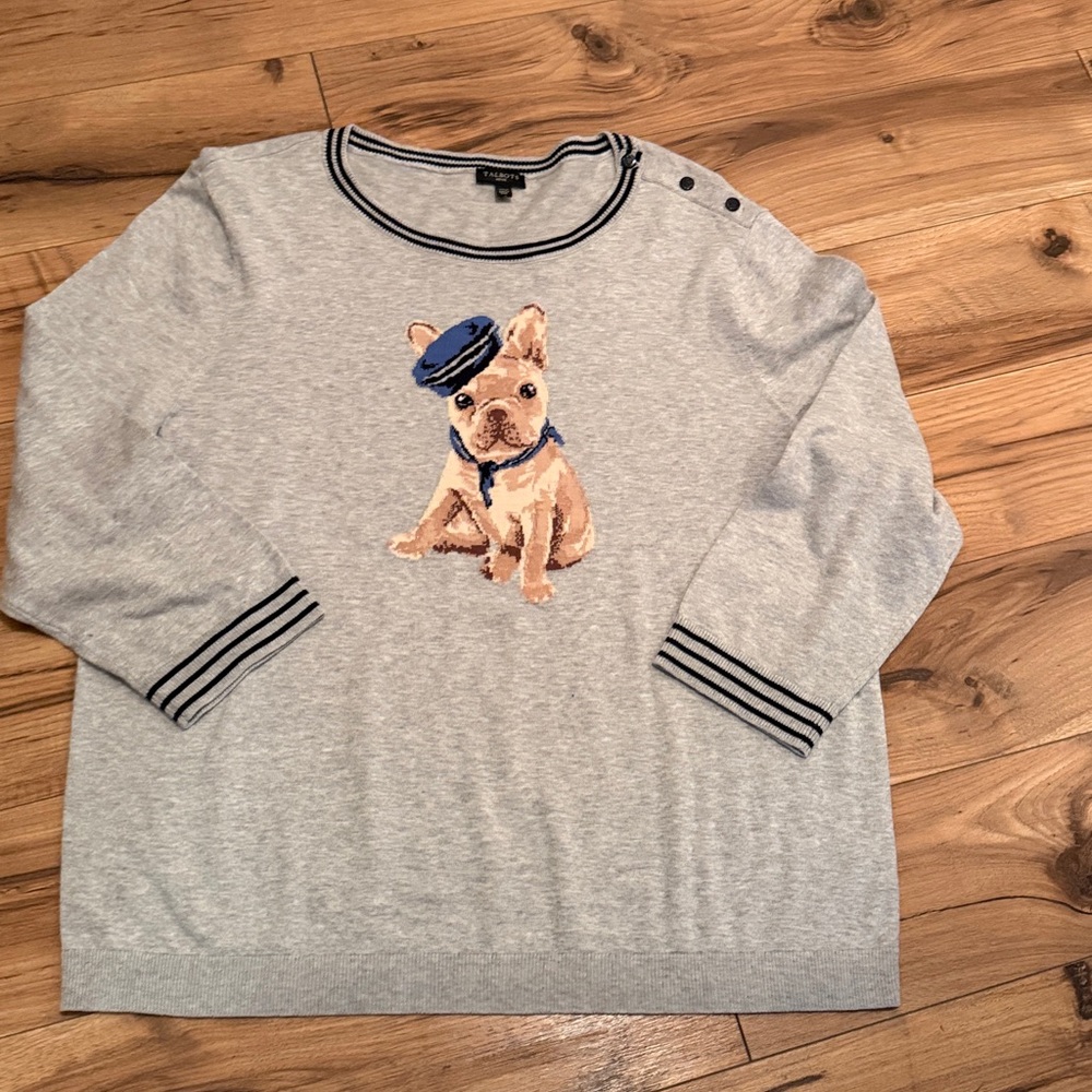 Talbots French Bulldog Sweater size large petite new nautical, gray, navy